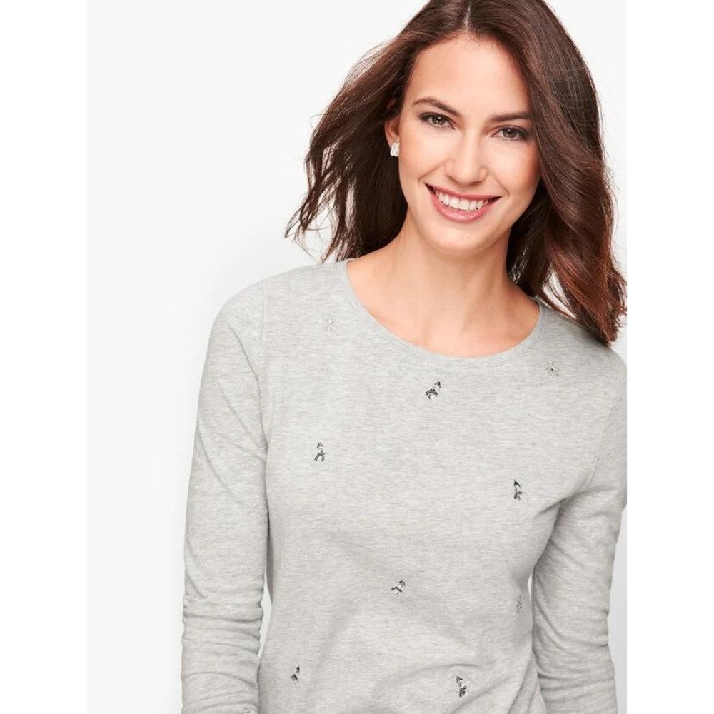 Talbots Crystal Snowman T Shirt Womens P Gray Snowflake Embellished Long Sleeve